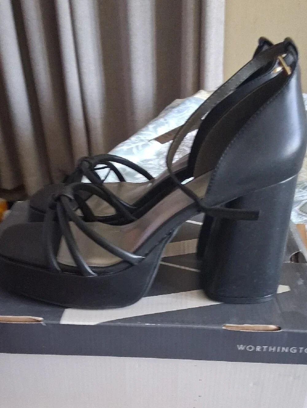 Worthington Black Lace-Up Platform Block Heels